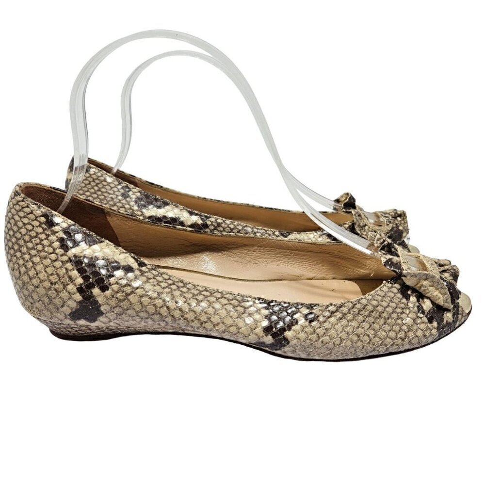 Loeffler Randall Snakeskin Leather Peep Toe Flats Shoes Beige Women’s Size 7.5
